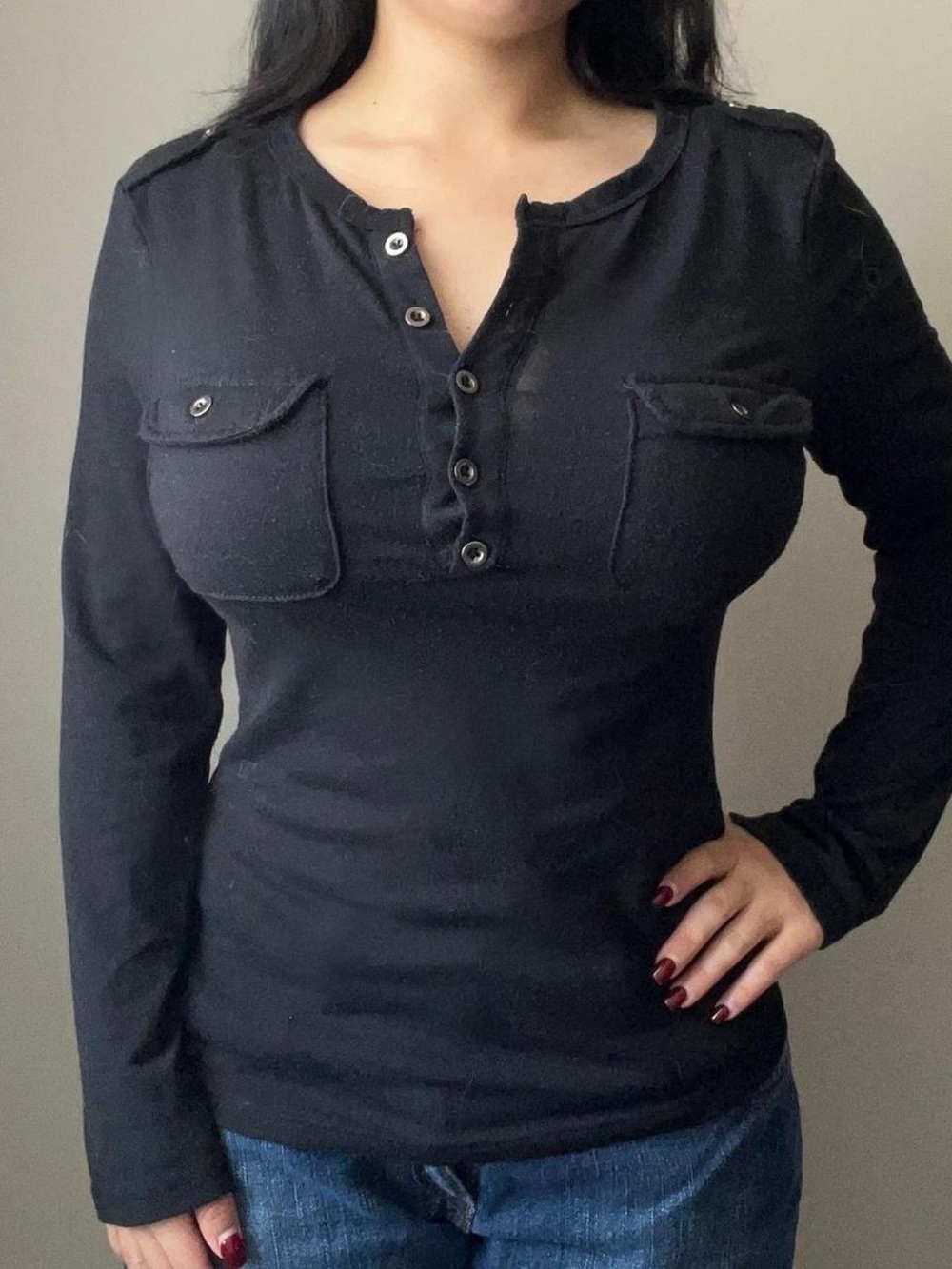 Black Long-Sleeve Henley Pocket Top - Women